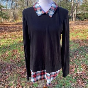 J. CREW TOP BLACK LONG SLEEVE TEE WHITE PLAID COLLAR HEM KEYHOLE BACK SIZE M
